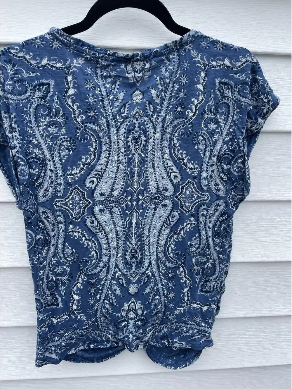 LUCKY BRAND Blue & White Floral Boho Knotted Short Sleeve Top Small/petite